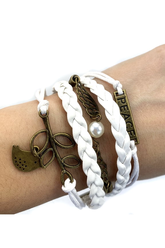 Vintage Bronze Peace Leaf Angel Wings White Braided Leather Rope Bracelet