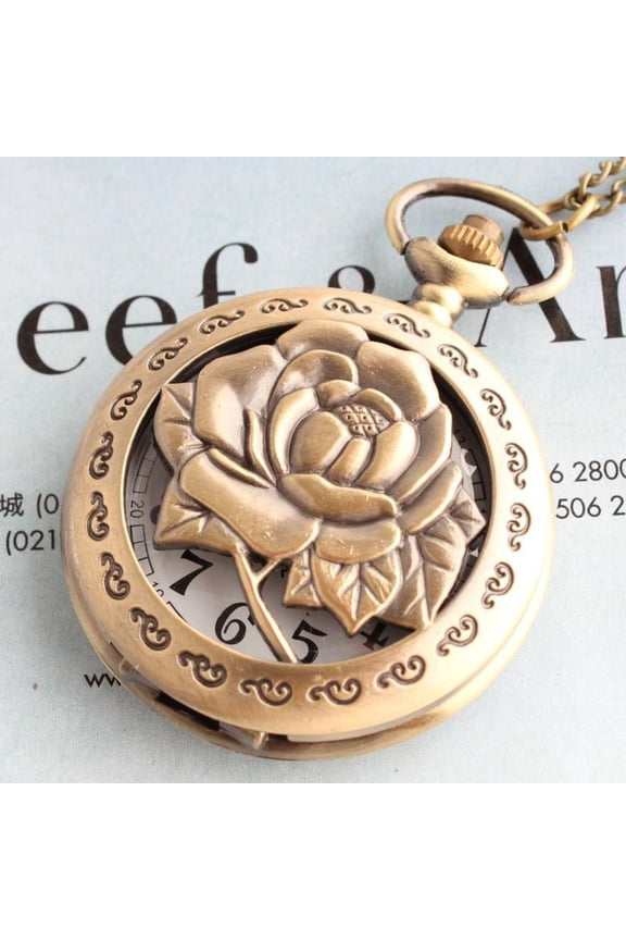 Vintage Bronze Pocket Watch Large Rose Peony Hollow Carved Quartz Pendant Watch Flip Cover Classic Timepiece for Women
