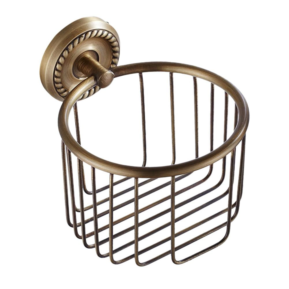 Vintage Bronze Wall Mounted Toilet Paper Holder Antique Brass Bathroom Accessories Tissue Dispenser with Stable Metal Stand, Wire Basket Storage Rack - for Roll with Diameter