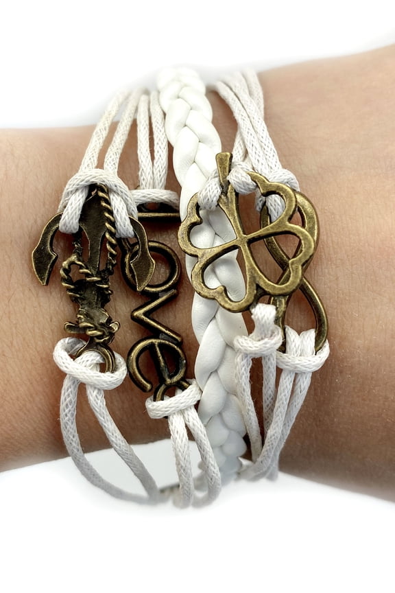 Vintage Bronze st Patrick Leaf Love Anchor Infinity Charms White Braided Leather Rope Bracelet