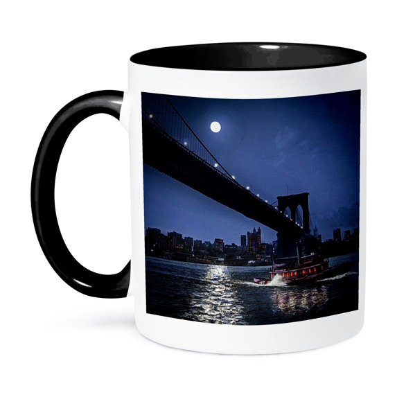 Vintage Brooklyn Bridge At Night With A Passing Tugboat New York City, 11oz Two-Tone Black Mug