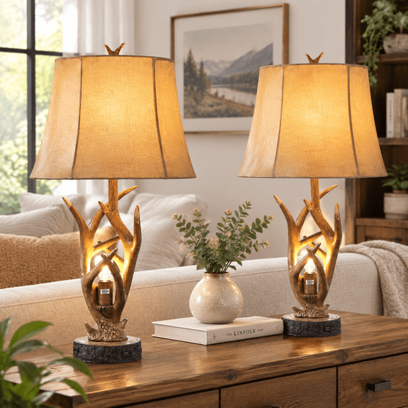 Vintage Brown 26" Rustic Antler Table Lamp Set of 2 with USB Ports