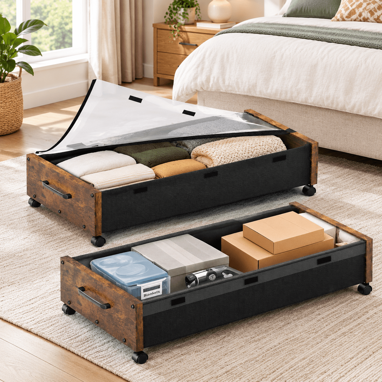 Vintage Brown 90cm-2 Pack Wooden Under Bed Storage Chest with Wheels ...