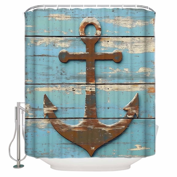 Vintage Brown Anchor Bathroom Shower Curtains with 12 Hooks Polyester Waterproof Shower Curtain for Stalls and Bathtubs Nautical Farmhouse Blue Wooden Decorative Bathroom Privacy Curtain 36x72 Inches