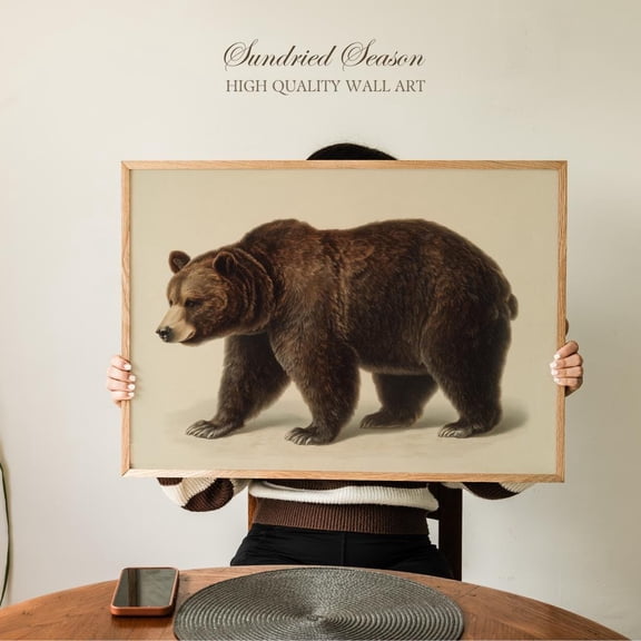 Vintage Brown Bear Art Print, Majestic Forest Wildlife Illustration, Rustic Woodland Animal Wall Decor For Cabin, Den Or Nature Themed Home UNFRAMED Poster, Wall Art for Decor, Present, 8x12