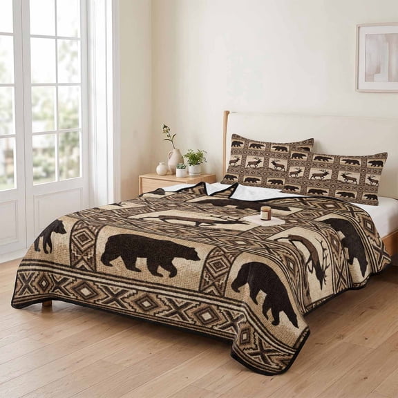 Vintage Brown Bears Deer on Linen 3 Pieces Quilt Set,1 Quilt with 2 Shams,Forest Theme Bedspread Soft Lightweight Bedding Coverlet Comforter Set for All Season 90"x96"
