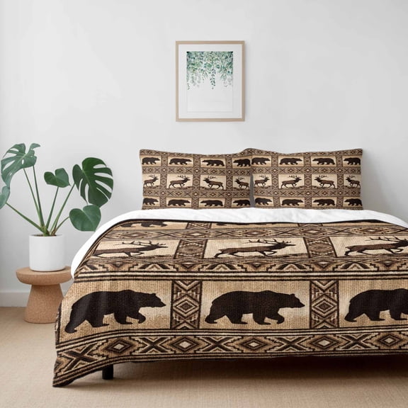 Vintage Brown Bears Deer on Linen California King Size Bed Set,Forest Theme Bedding for All Seasons,4 Pcs Bed Set with 1 Quiltcover (96"x104"),1 Sheet (110"x98"),2 Pillowcases (20"x36")