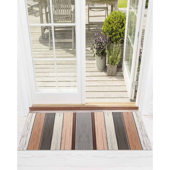 Vintage Brown Beige Stripes Front Door Mat Peeling Paint Effect Texture Welcome Doormat Indoor Outdoor Entrance Floor Mat Non-Slip Washable Runner Rug for Front Porch Decor 24x71 Inch