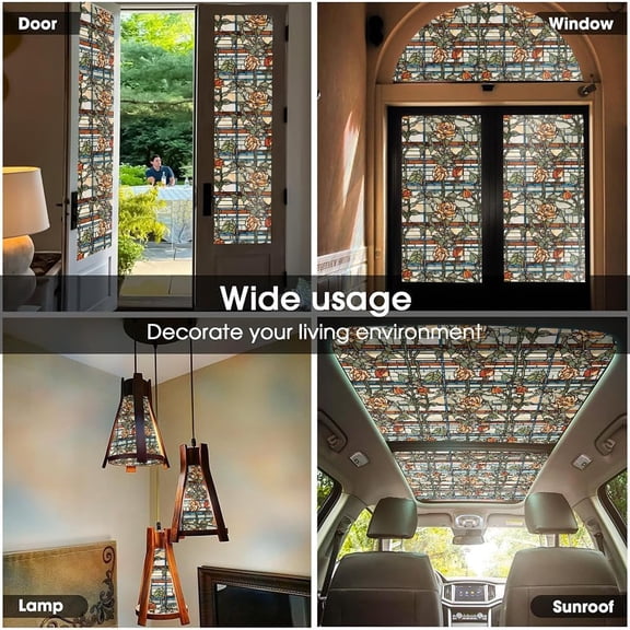 Vintage Brown Beige Yellow Green Rose Flower Leaf Stained Glass Window Films Decorative Double-Side Privacy Film Self-Adhesive Static Clings for Living Room Bathroom Glass Windows Decor