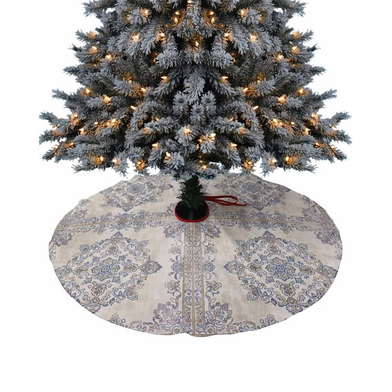 Vintage Brown Blue Christmas Tree Skirt 36 Inches Large Christmas Skirt Tree, Boho Ethnic Mexican Floral Southwestern Tree Skirt Christmas Decorations for Fireplace Party Holidays Indoor Outdoor
