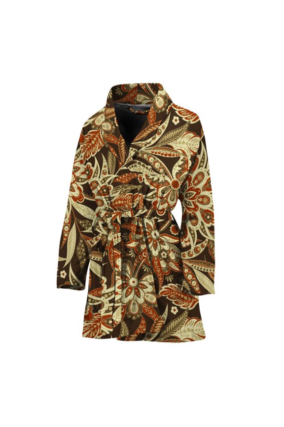 Vintage Brown Bohemian Floral Women Bathrobe One Size Univeral Fits, Bohemian Mandala Yoga Boho Fashion Lightweight Plush Fleece Long Robe For Women