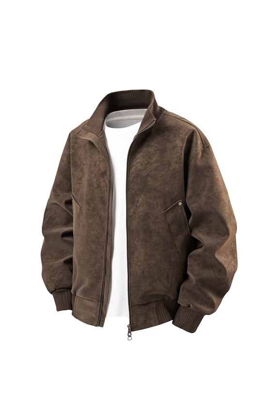 Vintage Brown Bomber Leather Jacket Distressed Leather Jacket Zip Up Collared Lightweight Outerwear Coat with Pocket (Brown,3X-Large)