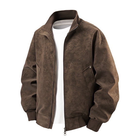 Vintage Brown Bomber Leather Jacket Distressed Leather Jacket Zip Up Collared Lightweight Outerwear Coat with Pocket (Brown,Large)