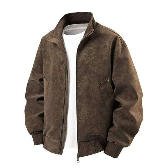 Vintage Brown Bomber Leather Jacket Distressed Leather Jacket Zip Up Collared Lightweight Outerwear Coat with Pocket (Brown,Medium)