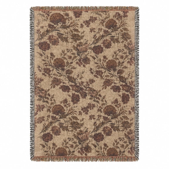 Vintage Brown Botanical Floral Woven Throw Blanket, 100% Cotton with Fringed Edges, Home Decor