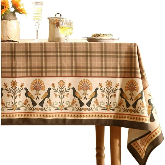 Vintage Brown Checkered Small Rectangle Tablecloth,Italian Floral Linen Wrinkle Resistant Table Cloth,Decor Table Cover for Kitchen,Dining,Thanksgiving,Christmas,55"*71"-Seville