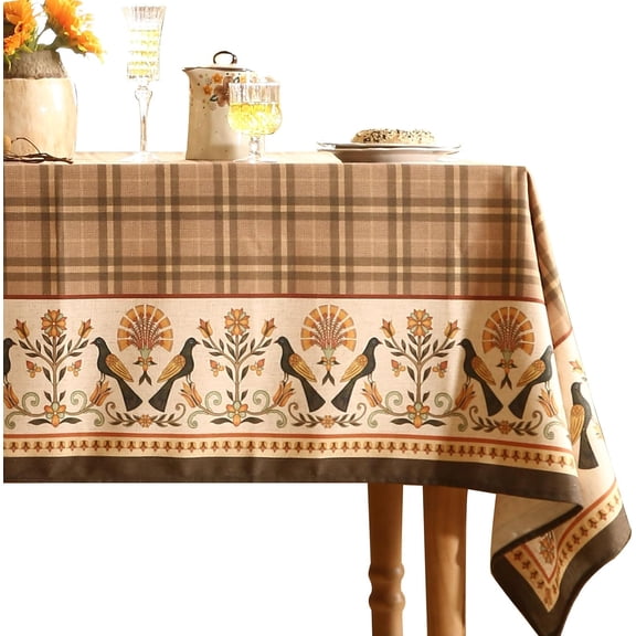 Vintage Brown Checkered Small Rectangle Tablecloth,Italian Floral Linen Wrinkle Resistant Table Cloth,Decor Table Cover for Kitchen,Dining,Thanksgiving,Christmas,55"*71"-Seville