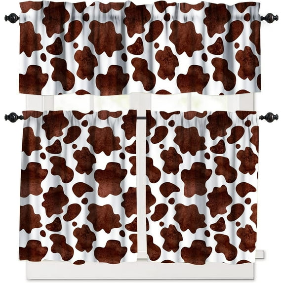 Vintage Brown Cow Print Kitchen Curtain Tiers and Valance Curtain Sets,Youth Kids Bedroom Living Room Decorative Window Valance 3 Sets