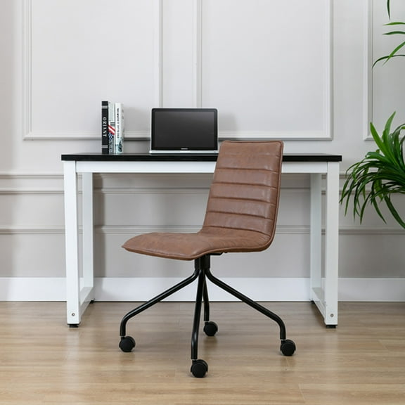 Vintage Brown Faux Leather Office Chair, Modern Armless Desk Chair with Rolling Caster Wheels for Home Office, Study Room, Bedroom