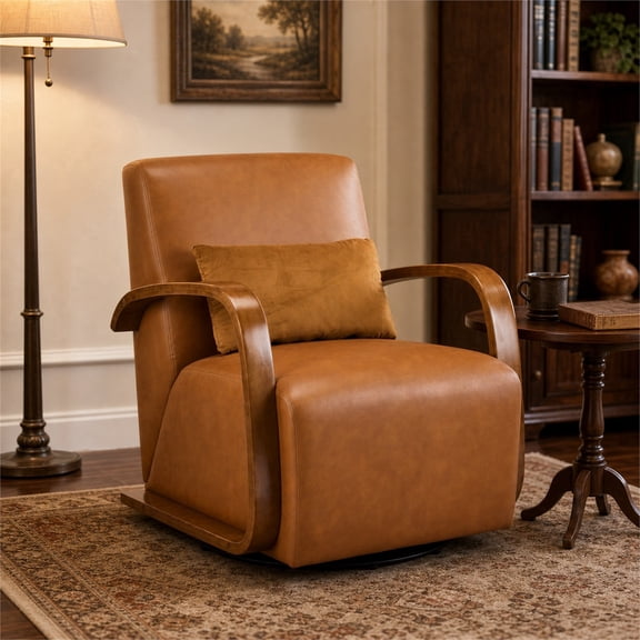 Vintage Brown Faux Leather Swivel Accent Chair with Wood Armrests & Pillow