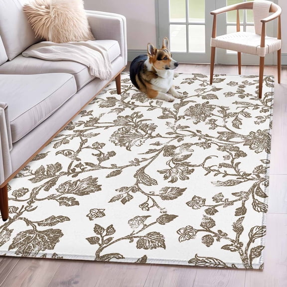 Vintage Brown Floral 4x6 Area Rugs for Living Room, Farmhouse Flower Pastoral Style Non Slip Floor Mat Washable Low-Profile Indoor Carpet for Bedroom, Dining Room, Bathroom
