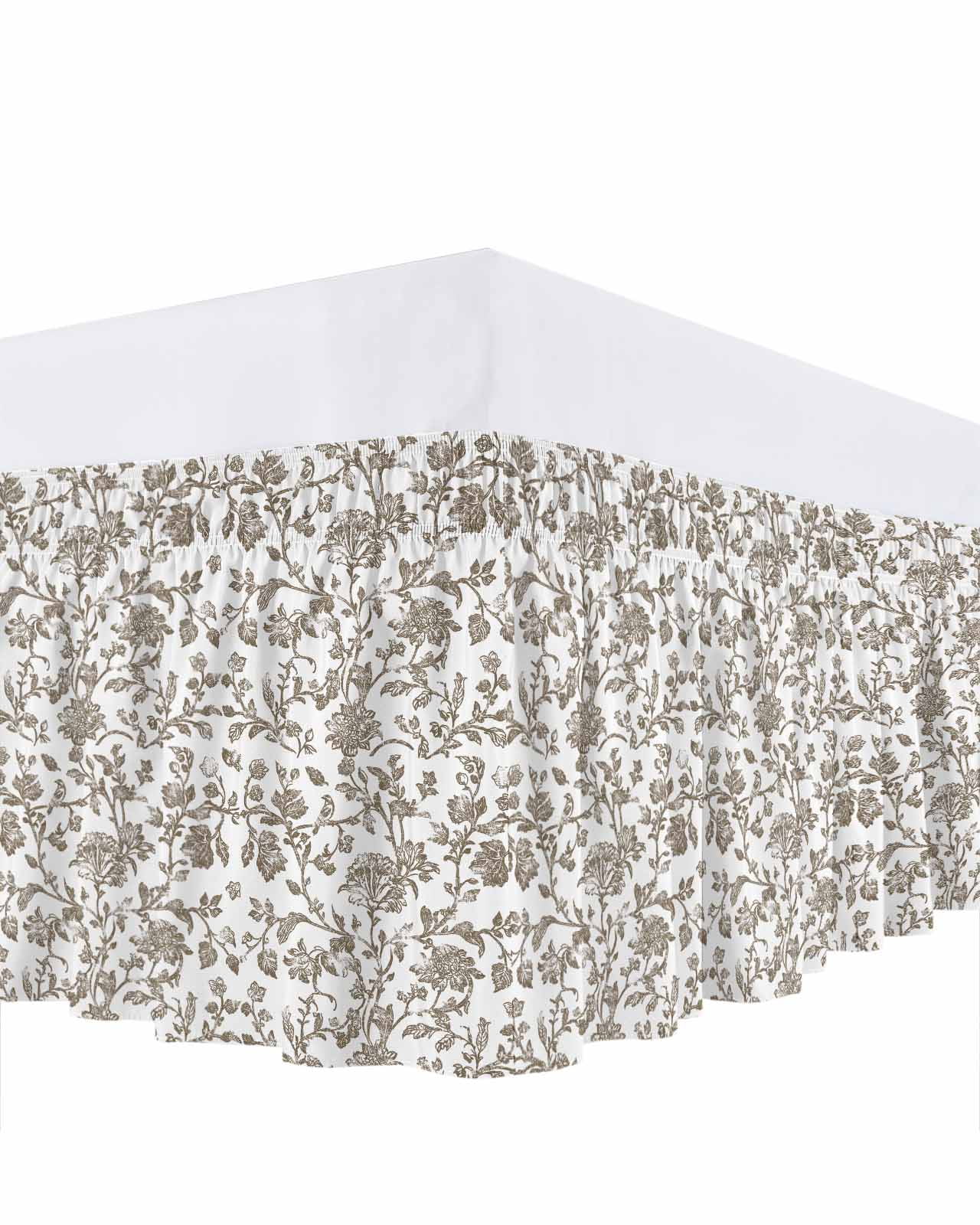 Vintage Brown Floral Bed Skirt Farmhouse Flower Pastoral Style Bed Skirts King Size 18 Inch Drop, Wrap Around Dust Ruffle&nbsp;Bedskirt with Adjustable Elastic Belt for Queen Size Beds