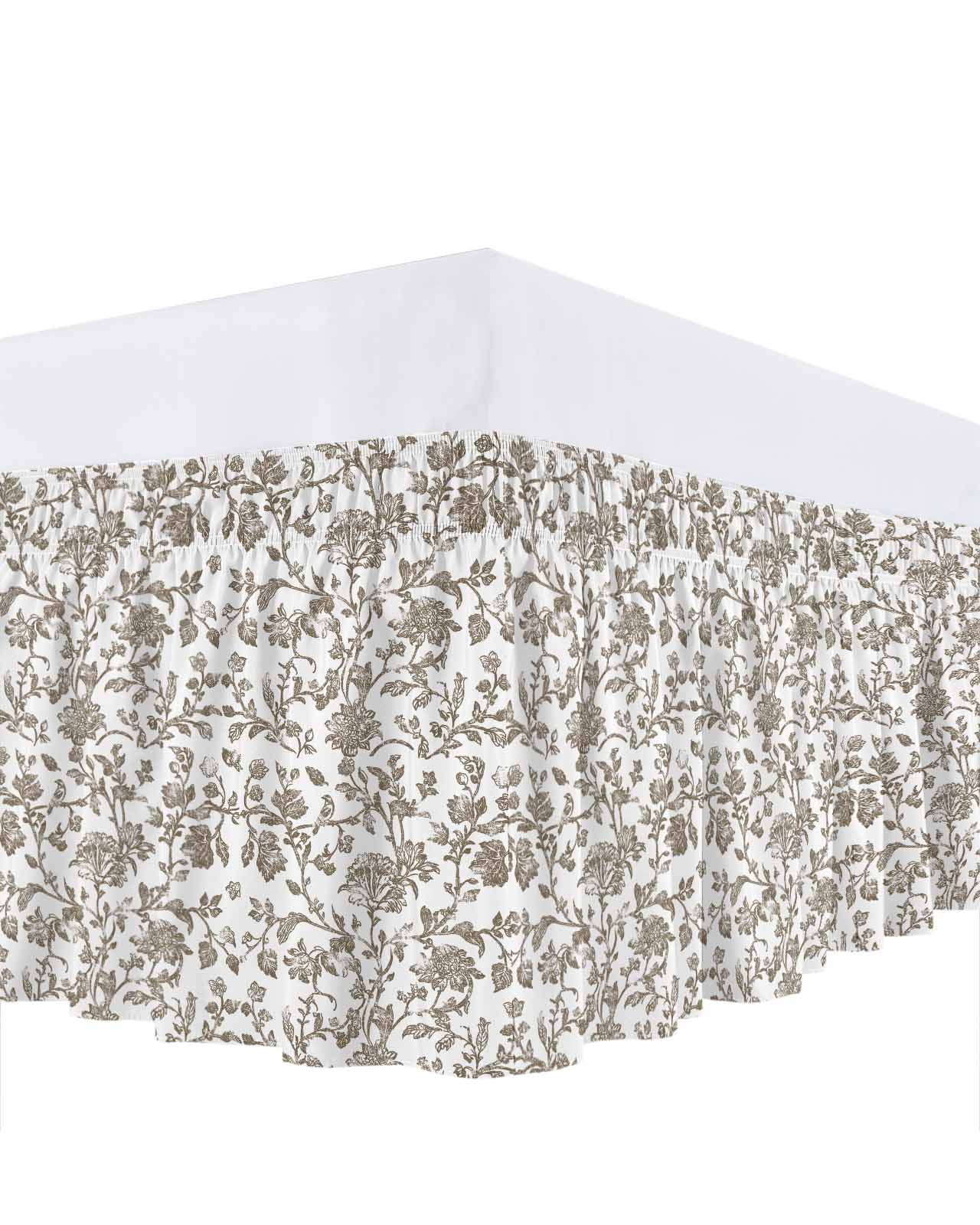 Vintage Brown Floral Bed Skirt King Size 16" Drop Farmhouse Flower Pastoral Style Ruffled Wrap Around Bed Skirts Adjustable Elastic Bedskirt Dust Ruffle for King Size Bed