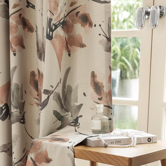 Vintage Brown Floral Blackout Curtains for Bedroom 96 inches Long Patterned Ink Painting Stylized Grey Leaf Window Drapes for Living Room 2 Panels