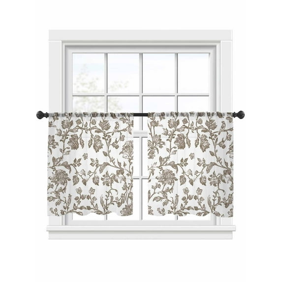 Vintage Brown Floral Sheer Curtains 45 Inch Long 2 Panels, Farmhouse Flower Pastoral Style Light Filtering Rod Pocket Semi Sheer Curtains, Sheer Voile Drapes for Living Room Bedroom, 52"x45"