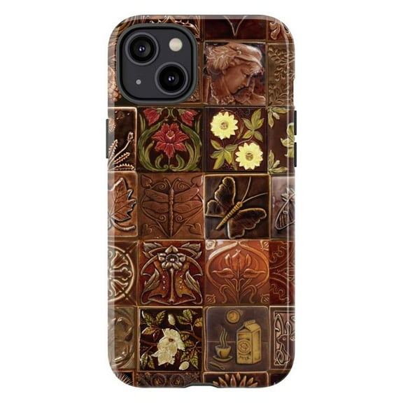 Vintage Brown Floral Tile Phone Case, Retro Ceramic Art Butterfly Pattern Aesthetic iPhone Cover for iPhone 17 16 15 14 13 12 11 Pro Max Plus Mini