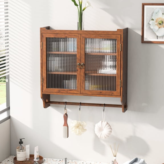 Vintage Brown Glass Double Door Wall Cabinet | Three - Tier Storage for Bathroom, Kitchen, Dining Room