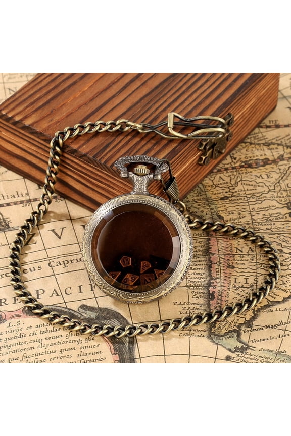 Vintage Brown Glass Pocket Watch with Bronze Dice Pendant Thick Waist Chain Retro Quartz Timepiece for Men Women Collectible