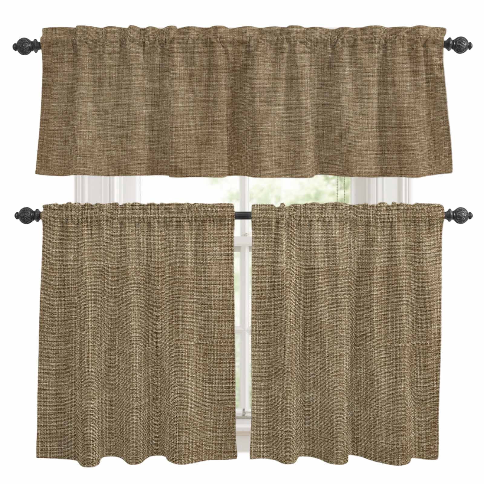 Vintage Brown Kitchen Curtains Sets for Windows 24 Inch Length, Farmhouse Retro Dark Solid Color Linen Texture Rod Pocket Window Treatments Tier Curtains and Valances Set for Bedroom/Bathroom