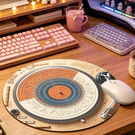 Vintage Brown Orange Vinyl Record Texture Round Mouse Pad, 2D Printed Mat for Office Gaming (8.66in), Desktop Decor & Festival Gift