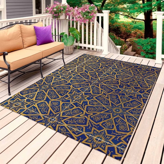 Vintage Brown Outdoor Rug 5x8 Ft, Non Slip Washable Area Rug, Retro Abstract Mediterranean Style Art Patio Rugs Carpet Runner, Large Floor Mat for Indoor/Outdoor Deck Porch Camping