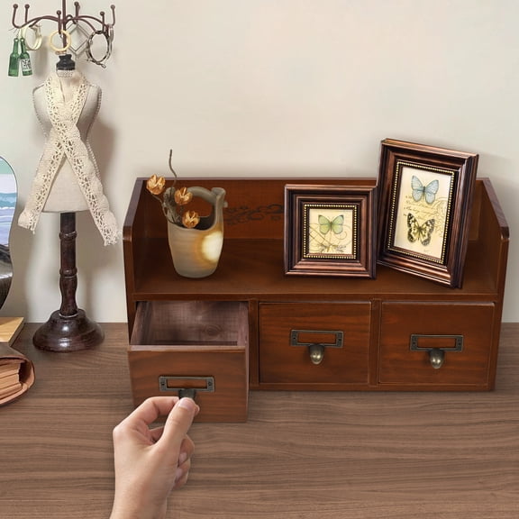 Vintage Brown Pine Wood Desktop Organizer with 3 Drawers 13.23 lb Load Capacity - No Assembly Required
