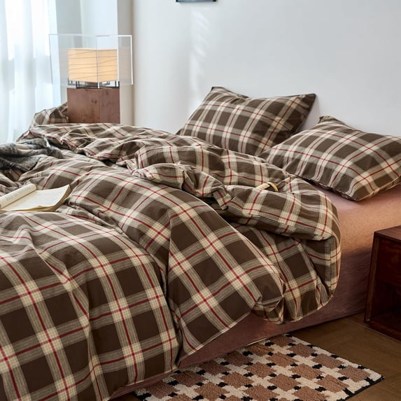 Vintage Brown Plaid King Comforter Set 3-Piece Gingham Bedding Set ...