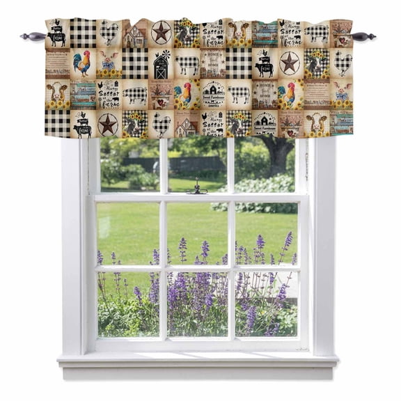 Vintage Brown Plaid Kitchen Valances, Chicken Cattle Pig Farmhouse Animal Rod Pocket Window Valance 18 Inch Long, Window Curtain Panels for Living Room Bedroom Laundry, 54x18in