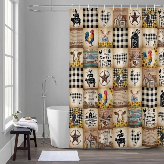 Vintage Brown Plaid Shower Curtain for Bathroom Decor, Chicken Cattle Pig Farmhouse Animal Waterproof Fabric Shower Curtain, 72"x96" Set with 12 Hooks
