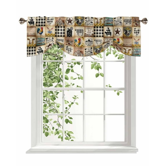 Vintage Brown Plaid Tie Up Valances Curtain, Adjustable Kitchen Chicken Cattle Pig Farmhouse Animal Valances for Windows Decor, Rod Pocket Short Curtains Set for Bedroom/Bathroom, 60"x18"