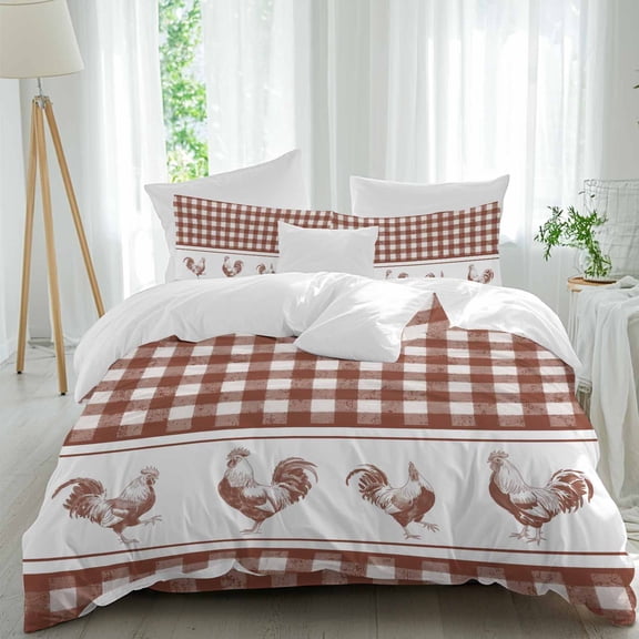 Vintage Brown Plaid Twin Size Comforter Set, Farm Cock Chicken Animal Watercolor Bedding for All Seasons, 4 Pcs Bed Set, 1 Quiltcover (68"x86") ,1Sheet(67"x116"), 2Pillowcases (30"x20")
