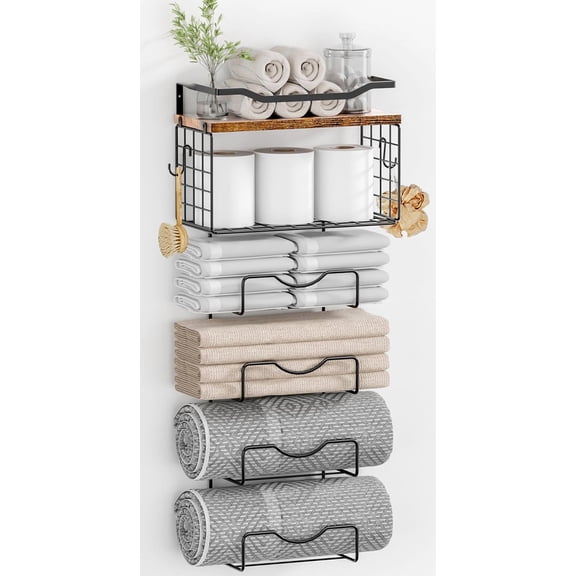 Vintage Brown Plank J-type Black Rack Towel Rack Wall Mounted 6 Tier Rolled or Folded Holder with Floating Shelves