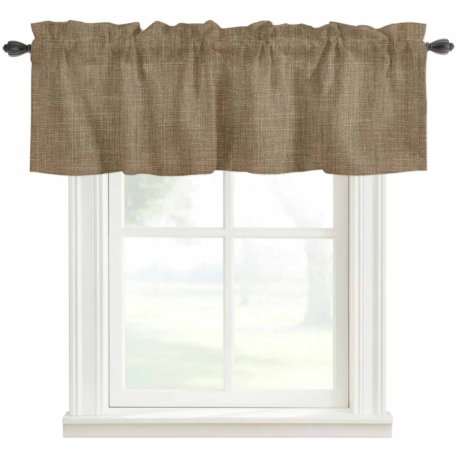 Vintage Brown Rod Pocket Curtain Valance, Farmhouse Retro Dark Solid Color Linen Texture Farmhouse Window Valance for Living Room, Bedroom, Kitchen 42"W x 12"L