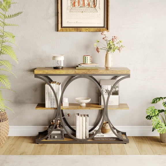 Vintage Brown Rustic Industrial Console Table for Entryway - 39" Narrow Half-Circle Metal Frame, 3-Tier Storage Shelves - Living Room & Hallway Furniture Set - Vintage Brown