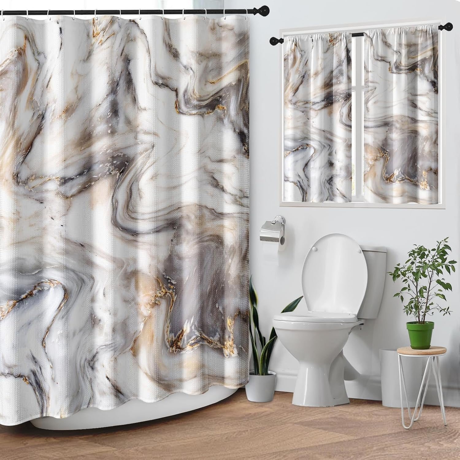 Vintage Brown Shower Curtain Set with Window Curtain, Royal Abstract Line Modern Bathroom Window Curtain with Waterproof Shower Curtain Set for Bathroom Decor