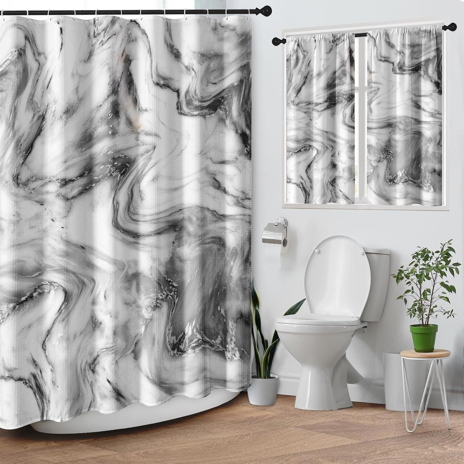 Vintage Brown Shower Curtain Set with Window Curtain, Royal Abstract Line Modern Bathroom Window Curtain with Waterproof Shower Curtain Set for Bathroom Decor