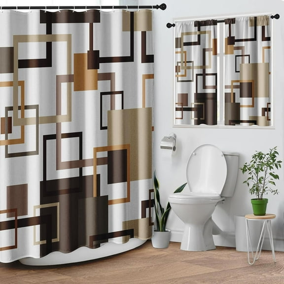 Vintage Brown Shower Curtain Set with Window Curtain, Royal Abstract Line Modern Bathroom Window Curtain with Waterproof Shower Curtain Set for Bathroom Decor