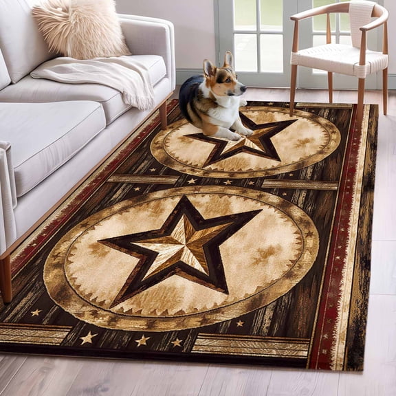 Vintage Brown Star Western Area Rug 3x5 Washable Rug Non Slip Country Wooden Large Area Rug Indoor Floor Carpet for Entryway Bedroom Kitchen Living Room Home Office Dining Room Nursery