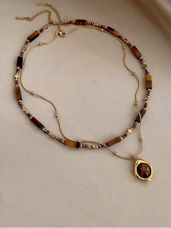 Vintage Brown Stone Pendant Necklace, Gold-Plated Sun & Geometric Design for Women