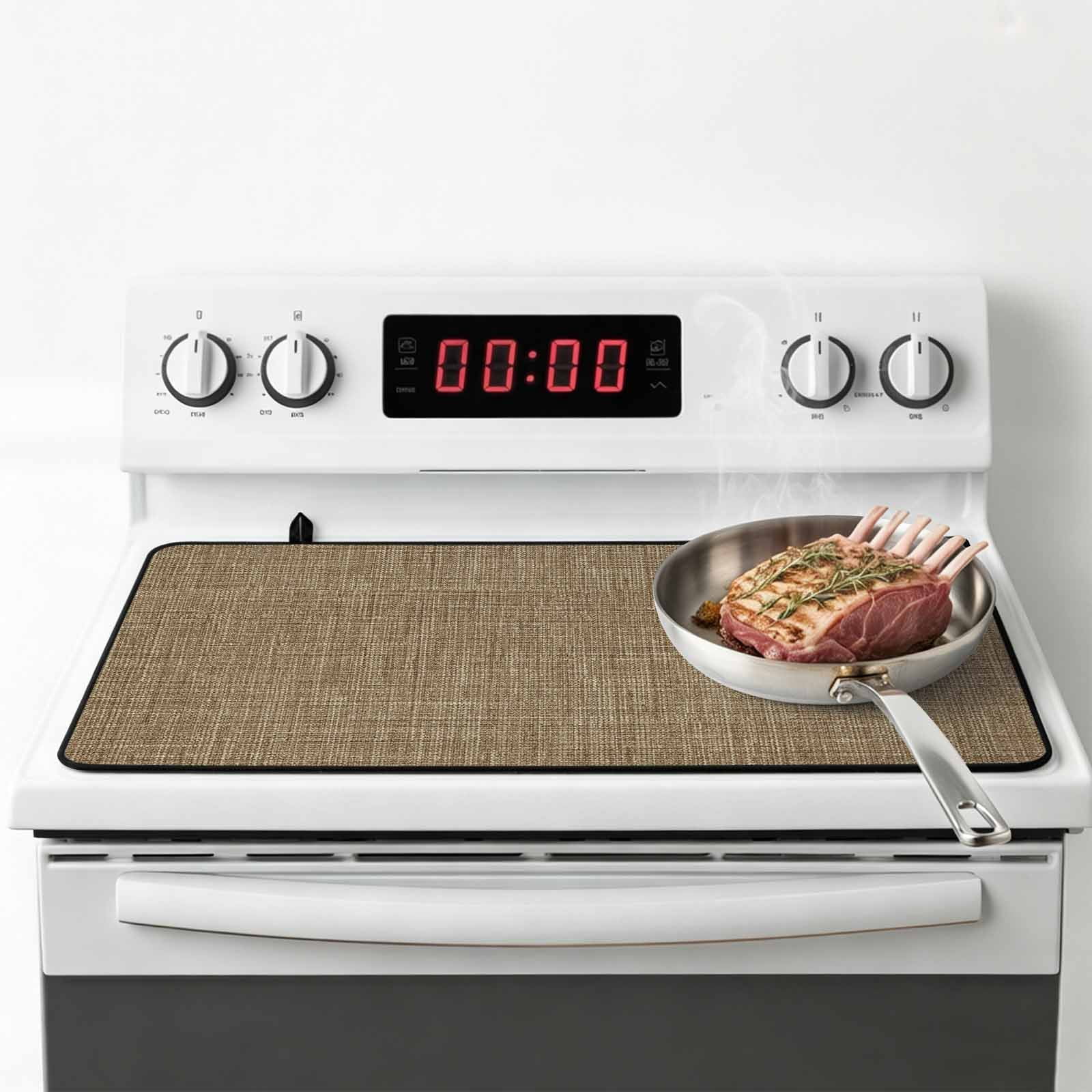 Vintage Brown Stove Top Cover for Electric Stove, Heat-proof & Non Slip Glass Top Stove Cover Protector, Farmhouse Retro Dark Solid Color Linen Texture Kitchen Flat Cooktop Rubber Mat 31x24 Inches